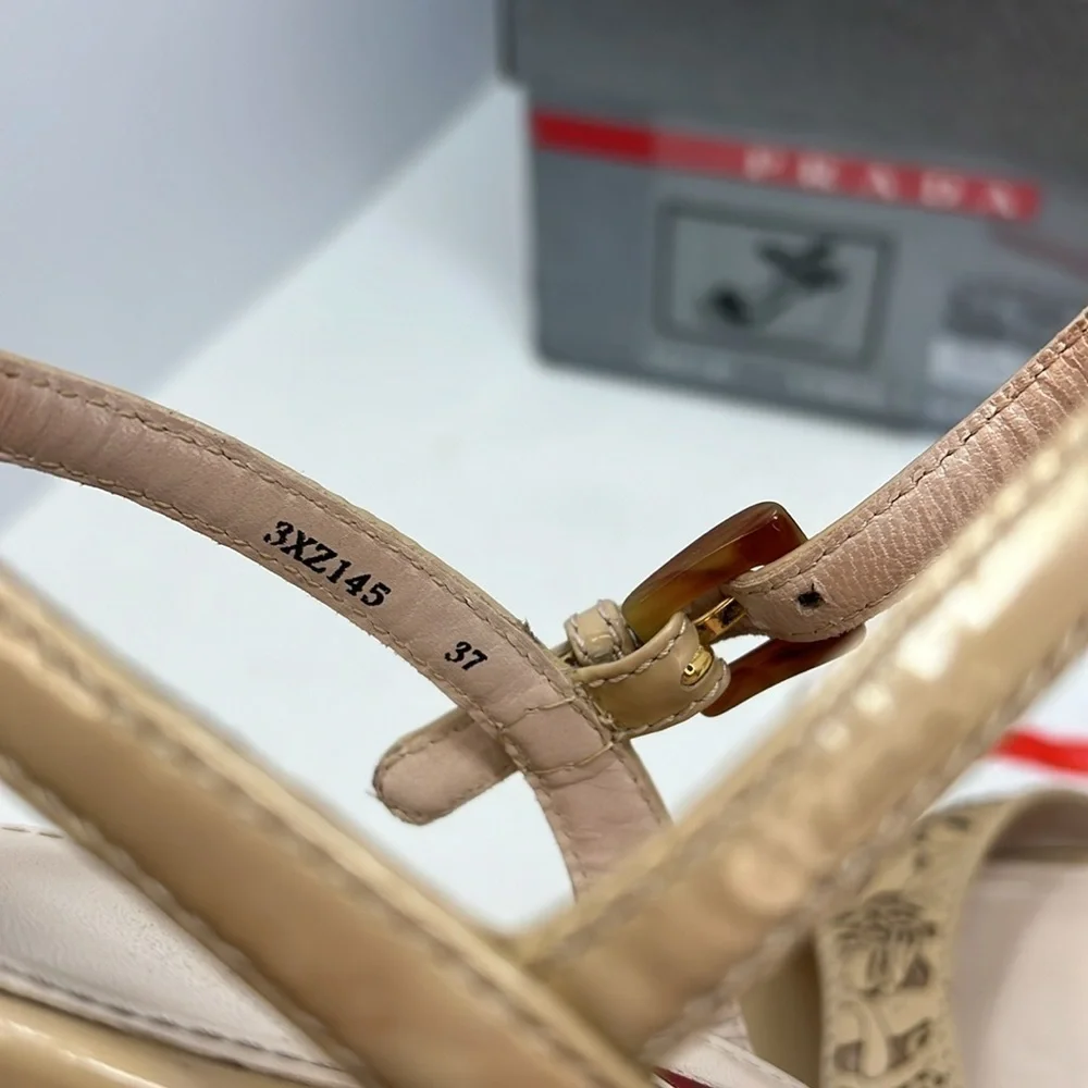 Prada Sz 37 Nude Cream Beige Patent Leather Wedge Sandals w/Original Box
